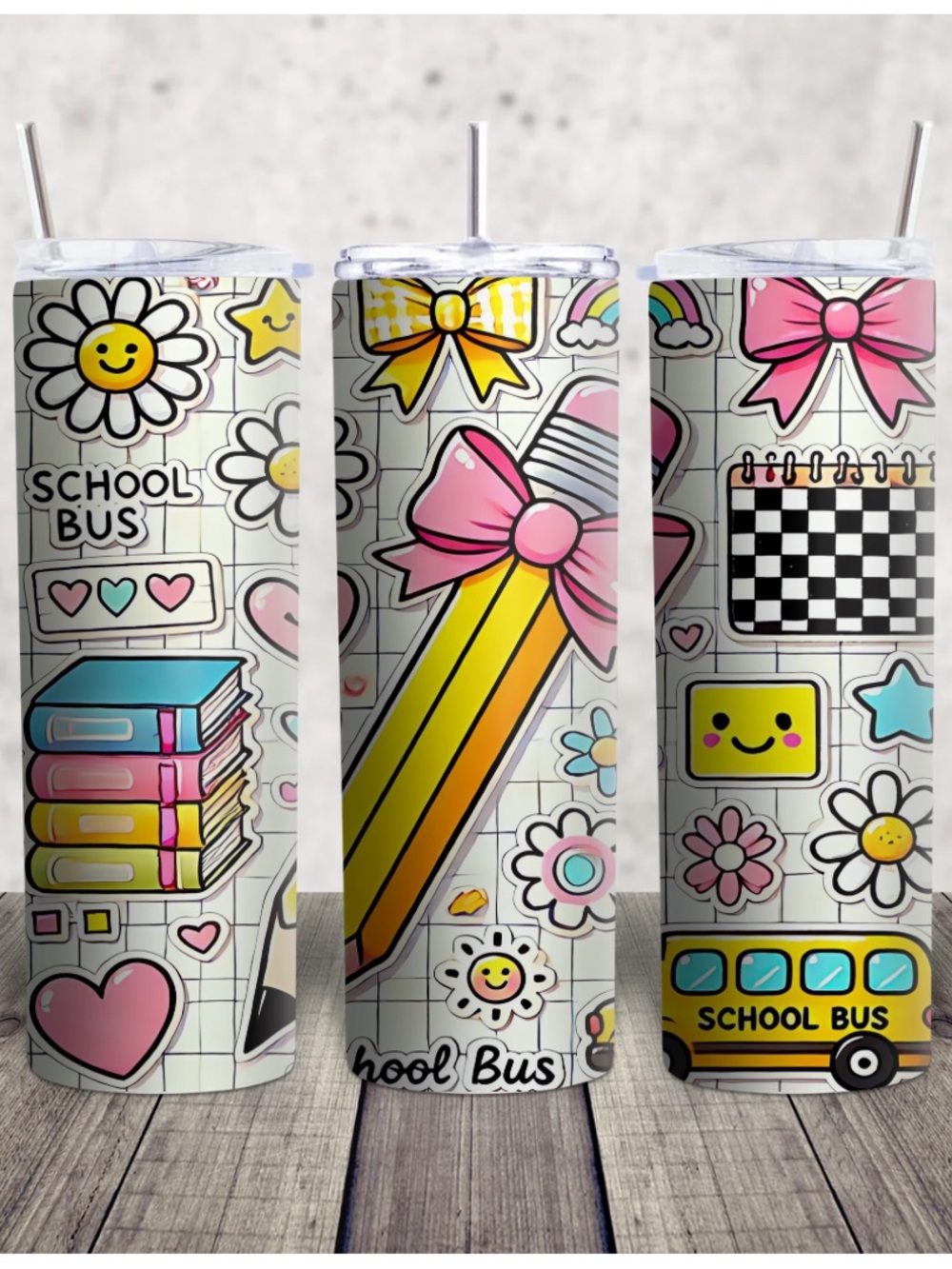 Hand Crafted Pink Yellow Blue School Bus Sticker Tumbler